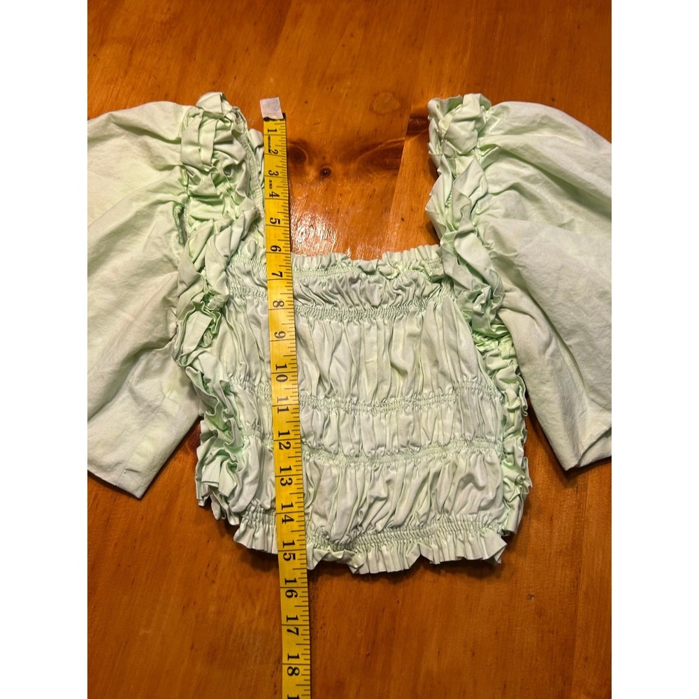 Zara Womens Smocked Puff Sleeve Crop Top Mint Green Ruffle Square Neck XS - Picture 6 of 9